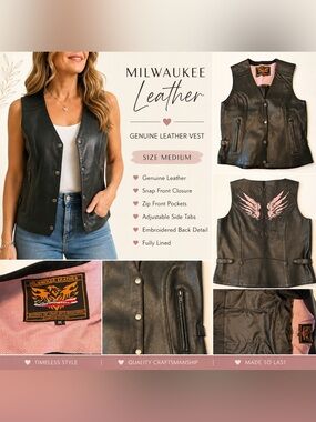 Women's Black Genuine Leather Vest - Embroidered Back, Size M